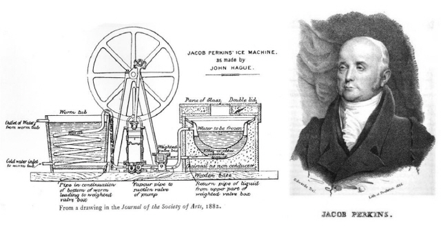 영국 런던에 사는 68세의 제이콥 퍼킨스는 얼음을 인공적으로 만드는 압축기를 만들어 1834년에 특허를 받았다.