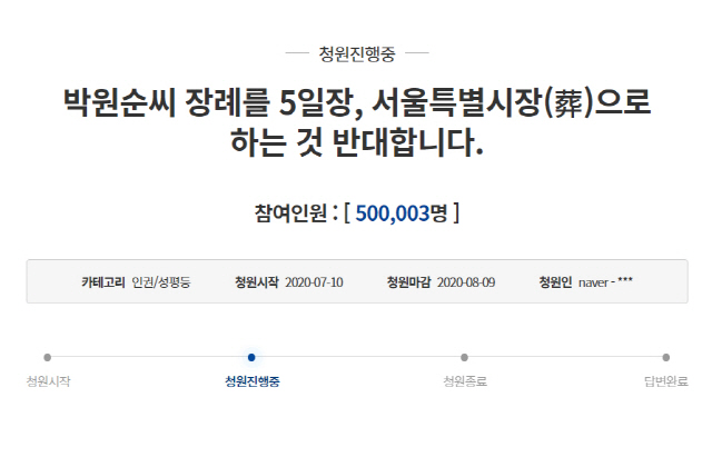 ‘서울특별시장(葬) 반대’ ... 靑 청원 이틀만에 50만명 넘었다