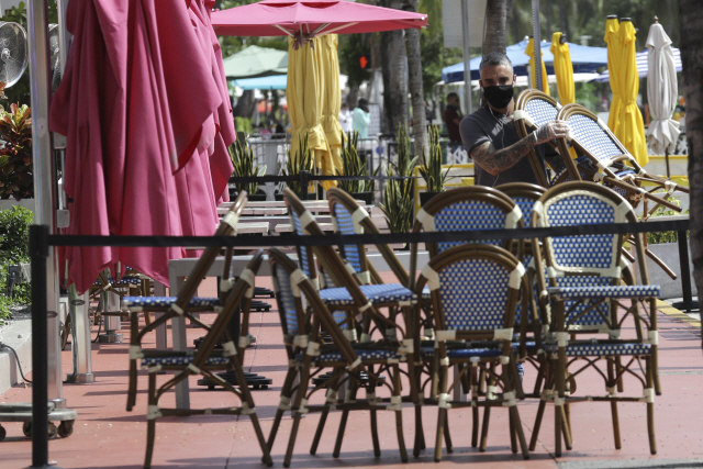 13일(현지시간) 코로나19 재확산으로 영업을 중단한 미국 플로리다주 마이애미 비치의 한 식당 종업원이 야외에 있는 의자들을 거두어 쌓아놓고 있다./AP연합뉴스