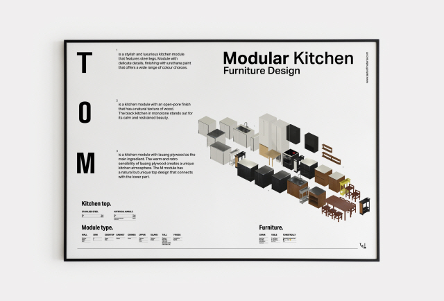 티오엠키친의 모듈 주방 가구를 한눈에 볼 수 있게 만든 포스터. 3D 모델링 이미지로 라인별 모듈 주방과 트롤리, 붙박이 가구, 벽 선반 등을 확인할 수 있다.