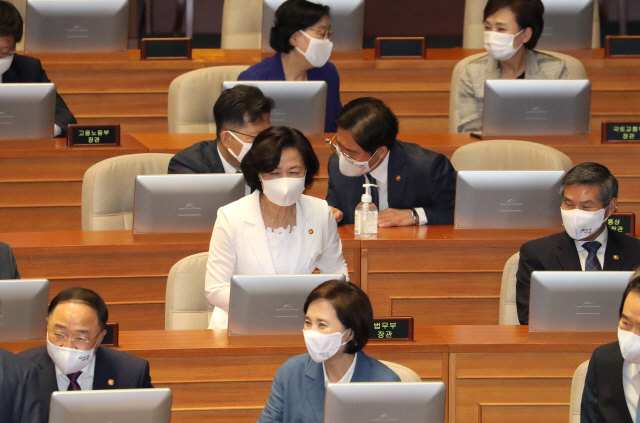 추미애 법무부 장관이 20일 오전 국회 본회의장에서 열린 교섭단체 대표 연설에 참석하고 있다. /연합뉴스