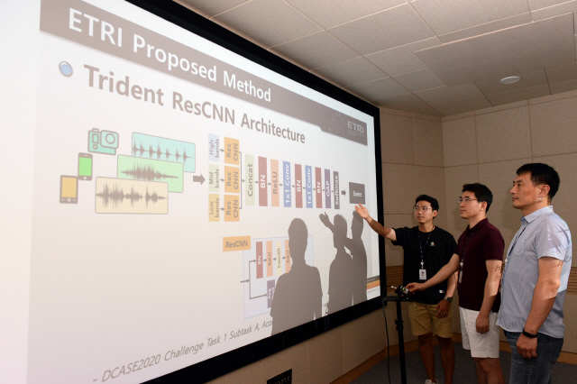 ETRI연구진이 소리를 주파수 대역별로 나눠 AI에게 학습시키는 기술을 소개하고 있다. /사진제공=ETRI