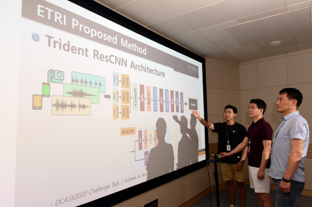 ETRI 연구진이 소리를 주파수 대역별로 나눠 AI에 학습시키는 기술을 소개하고 있다. /사진제공=ETRI