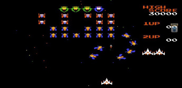 남코에서 1981년 발매된 추억의 아케이드 게임 ‘갤러그(원작명 갤라가)’ 플레이 화면   남코에서 1981년 9월에 발매된 아케이드 게임