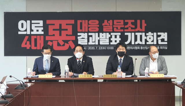 최대집(왼쪽 두번째) 대한의사협회장이 22일 서울 용산 협회 회의실에서 정부 의료정책에 대한 의사들의 인식 설문조사 결과를 발표하고 있다./사진제공=대한의사협회
