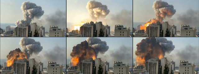레바논 수도 베이루트의 항구에서 4일(현지시간) 대규모 폭발이 일어나 연기와 함께 불덩어리가 버섯 모양으로 하늘로 치솟는 모습. /연합뉴스