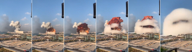 대규모 폭발사고가 발생한 레바논 수도 베이루트의 항구에서 4일(현지시간) 버섯 모양의 연기와 불덩어리가 하늘로 치솟고 있다. /트위터 캡처