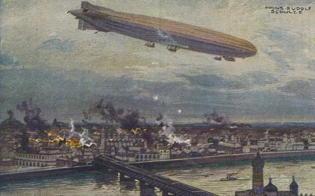 비행선을 동원한 도시에 대한 무차별 야간폭격은 무고한 시민의 희생을 가져왔다. 그림은 독일 비행선의 1914년 바르바샤 폭격 장면./위키피디아