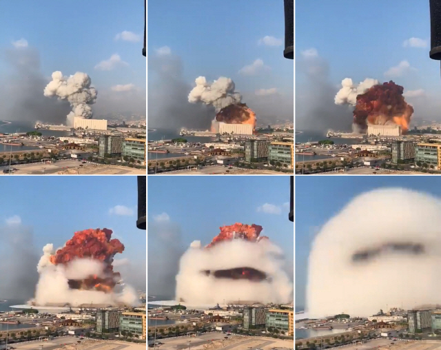레바논 수도 베이루트 항구에서 4일(현지시간) 두 차례의 대규모 폭발로 버섯 모양의 연기와 불덩어리가 하늘로 치솟고 있다. /트위터 캡처
