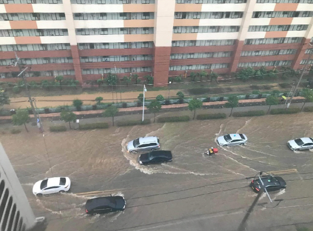 지난달 30일 전남 여수시 학동 도원사거리 인근에서 차들이 폭우에 잠긴 도로를 주행하고 있다./연합뉴스
