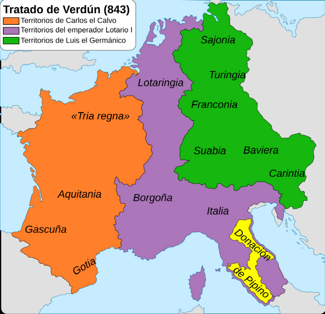 베르됭조약으로 생성성 중·동·서프랑크 왕국. 중세 이탈리아와 프랑스·독일의 출발점이다./위키피디아