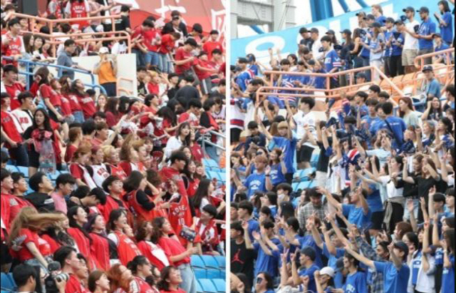 지난해 9월 6일 서울 양천구 목동야구장에서 열린 정기 고연전 야구 경기에서 고려대(왼쪽)와 연세대(오른쪽) 학생들이 열띤 응원을 펼치고 있다./연합뉴스