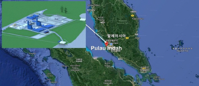 한국전력이 말레이시아 전력공사와 체결한 1,200MW 규모 가스복합 발전소의 모형도와 발전소 건설 예정지인 풀라우인다 섬의 모습. /사진제공=한국전력