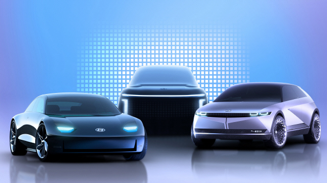 아이오닉 브랜드 차량의 렌더링 이미지. 중형세단 아이오닉6(왼쪽부터), 대형 SUV 아이오닉7, 준중형 CUV 아이오닉5./사진제공=현대차