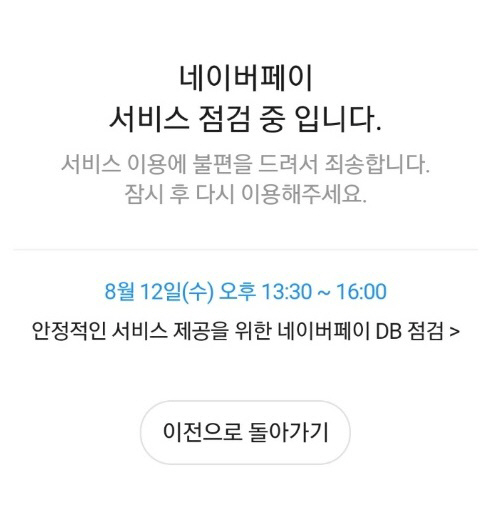 네이버 간편결제 서비스 ‘네이버페이’가 12일 오후 약 4시간 동안 이용 장애를 일으켰다./이용화면캡처