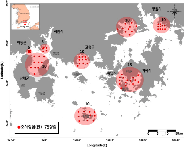 경남도내 주요해역의 오염실태 조사정점(75개소). /사진제공=경남도