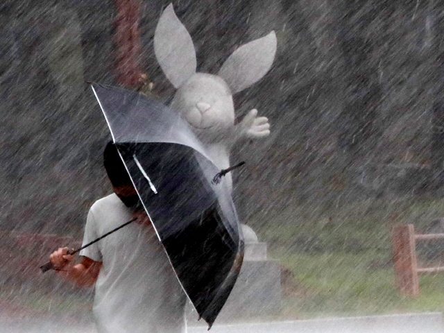태풍 장미가 상륙한 지난 10일 오후 부산 해운대 해수욕장 부근에서 시민들이 비바람을 피해 우산을 쓰고 걸어가고 있다.