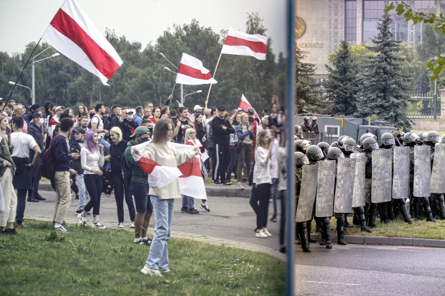 23일(현지시간) 벨라루스 시민들이 수도 민스크에서 알렉산드르 루카셴코 대통령의 퇴진을 촉구하는 시위를 벌이고 있다. /AP연합뉴스