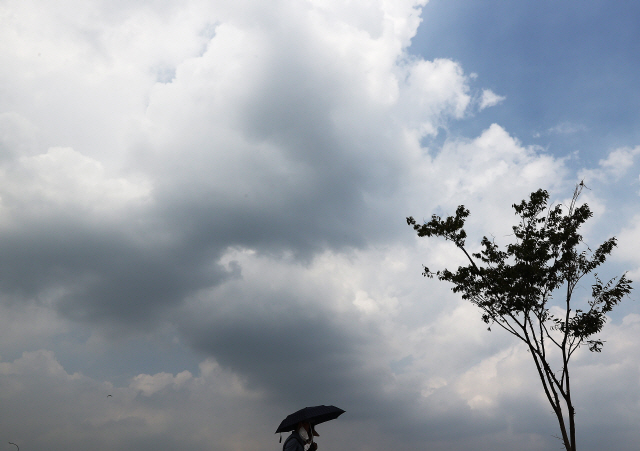 지난 24일 반포한강공원을 찾은 시민이 양산으로 내리쬐는 태양을 막고 있다. /연합뉴스