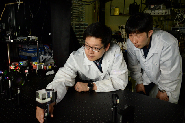 ETRI 최지훈(사진 왼쪽) 연구원과 황치선(〃오른쪽) 연구원이 컬러 홀로그램 패널을 이용해 홀로그램 영상 획득 실험을 진행하고 있다. 사진제공=ETRI