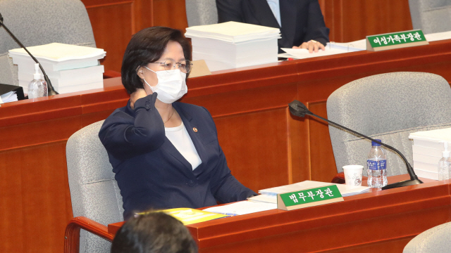 추미애 법무부 장관이 1일 국회 예결위 회의장에 앉아 어깨를 만지고 있다. /연합뉴스