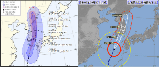 제9호 태풍 ‘마이삭’의 한국, 일본 기상청 예상 이동경로./자료=한일 기상청 제공