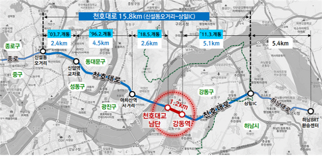 천호대로 BRT 노선. 11일 천호대교남단과 강동역까지 1.2㎞ 구간이 마지막으로 개통한다./사진제공=서울시