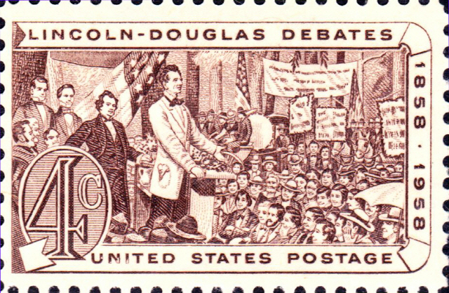 링컨·더글러스 논쟁 100주년 기념우표, 노예제로 대립한 이 논쟁은 정치가 대중에게 직접 찾아가는 계기로 작용했다. /위키피디아