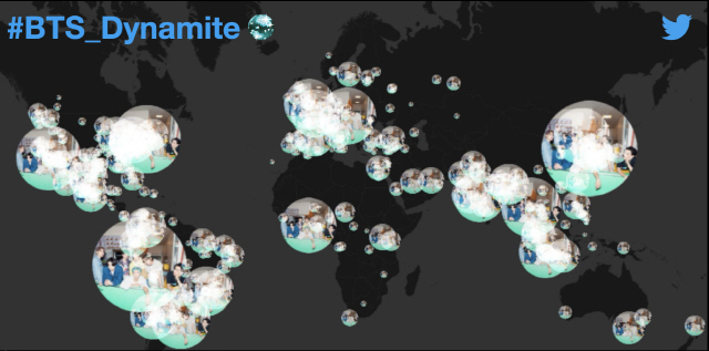 방탄소년단 관련 키워드 언급량을 나타낸 전 세계 트렌드 맵. /트위터