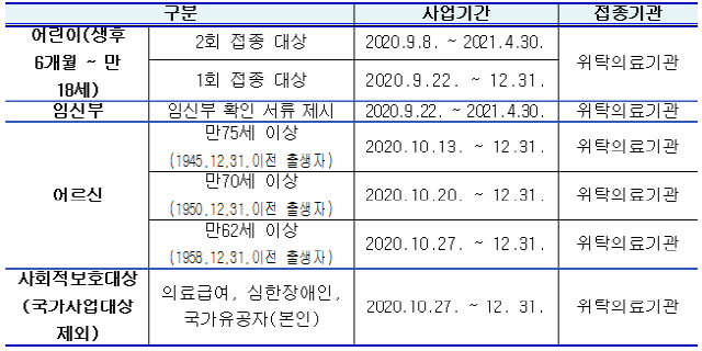 대상별 인플루엔자 예방접종 일정./사진제공=부산시