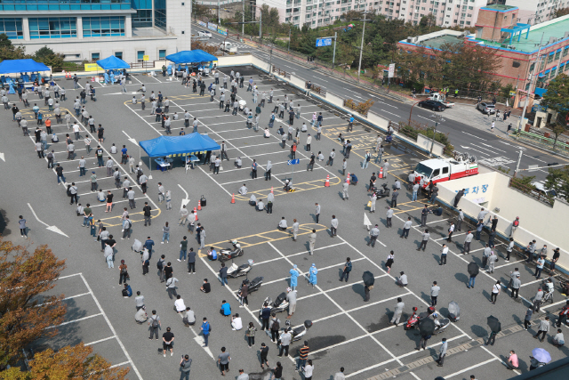 현대중공업 직원들이 지난 9일 울산 동구보건소 선별진료소에서 코로나19 검사를 받기 위해 차례를 기다리고 있다. /사진제공=울산동구