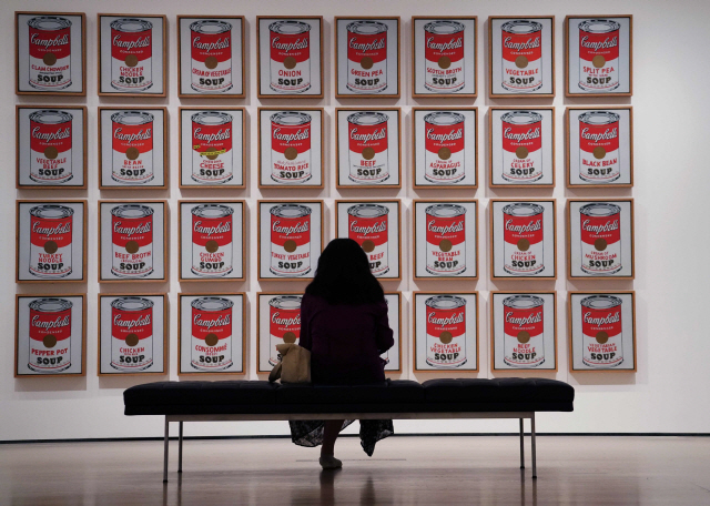 미국 뉴욕 현대미술관에서 관람객이 앤디 워홀의 ‘캠벨 수프 통조림’(Campbell‘s Soup Cans)을 감상하고 있다. 이곳은 코로나19사태 여파로 문을 닫았다가 재개장했다. /연합뉴스