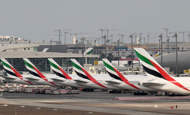 지난 3월 24일(현지시간) 코로나19 대유행으로 세계 곳곳에서 이동 제한령이 내려지자 항공기가 두바이 국제공항에 주기돼있다./AFP연합뉴스