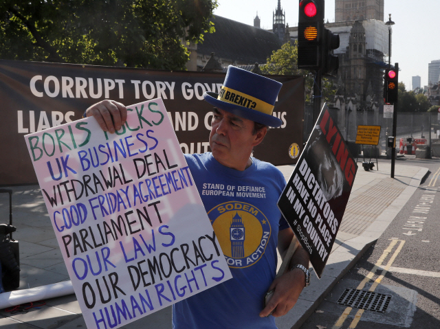 14일(현지시간) 영국 런던에서 브렉시트에 반대하는 한 시위자가 푯말을 들어보이고 있다. /AP연합뉴스