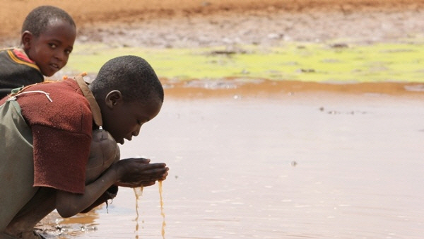 식수 부족에 시달리는 아프리카의 어린이들이 흙탕물을 마시고 있다. /한국식량안보연구재단