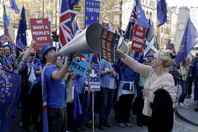 지난해 2월 영국 런던에서 브렉시트에 반대하는 이들이 시위를 벌이고 있다. /AP연합뉴스
