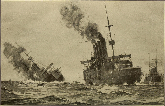 잠수함 역사상 최대 전과로 평가되는 ‘9월22일의 전투’에서 독일 잠수함 U-9가 영국 순양함 3척을 공격하고 있다./위키피디아