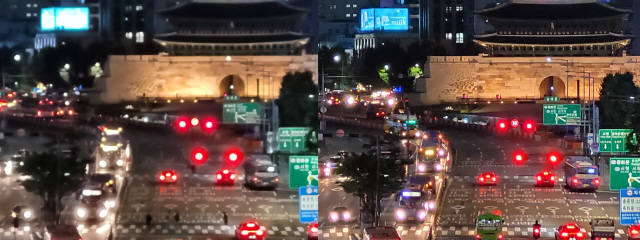 지난 28일 밤 서울로 7017에서 30배 줌 일반모드와 야간모드(오른쪽)로 촬영한 숭례문./김성태기자