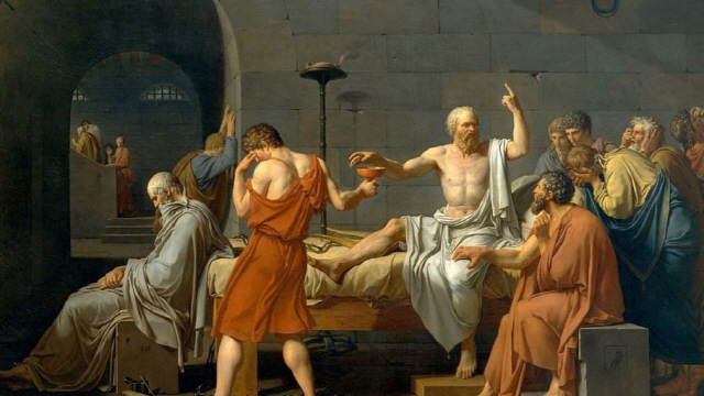 프랑스 화가 자크 루이스 다비드 (Jacques-Louis David)가 1787년 그린 ‘소크라테스의 죽음’. 그림은 소크라테스가 아테네의 젊은이들을 부패시키고 이상한 신들을 소개한다는 혐의로 유죄 판결을 받고 독주를 마시기 전의 상황을 표현하고 있다.