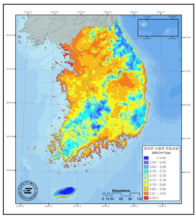 한국에너지기술연구원 연구진이 무료로 개방하게 될 신재생에너지 자원지도를 통해 제공된 국내 일사량 현황. 사진제공=한국에너지기술연구원