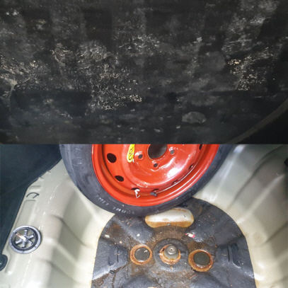 차에서 발견된 침수 의심 흔적. 시트에는 곰팡이가 피어 있고 트렁크에서는 녹이 발견됐다. /사진=허진기자