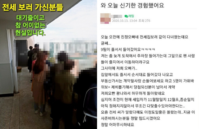 전세 매물을 확인하기 위해 줄을 서 있는 모습(왼쪽), 전세난을 실제로 경험했다는 온라인 글. /부동산 커뮤니티 캡쳐