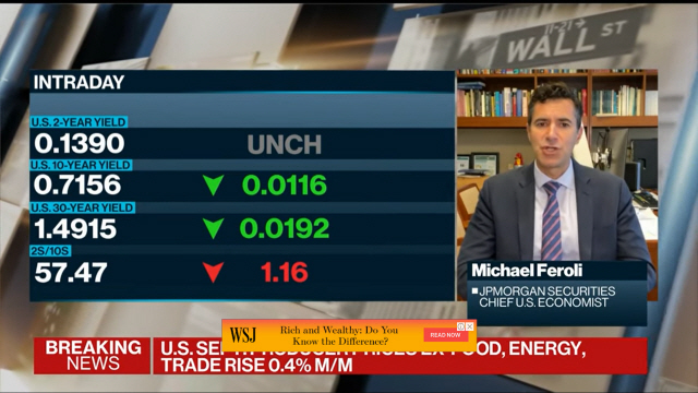 마이클 페롤리 JP모건 수석 미국 이코노미스트가 14일(현지시간) 미국의 인플레이션에 대한 의견을 전하고 있다. /블룸버그TV 화면캡처