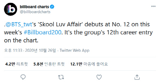 빌보드차트가 26일(현지시간) 공식 트위터를 통해 방탄소년단(BTS)의 ‘Skool Luv Affair’ 앨범이 31일자 빌보드200 차트에 진입했다는 소식을 알리고 있다. /빌보드차트 트위터 캡처
