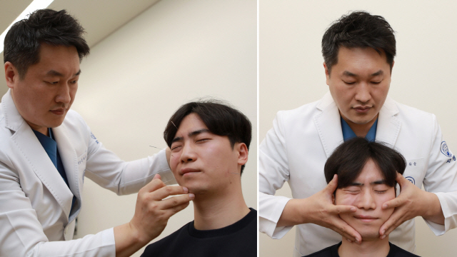 자생한방병원 김하늘 한의사가 침술(왼쪽)과 추나요법(오른쪽)으로 안면신경마비를 치료하고 있다. /사진제공=자생한방병원
