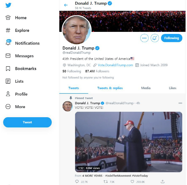 투표를 독려한 트윗을 올린 도널드 트럼프 미국 대통령 트위터. /트럼프 트위터 캡처