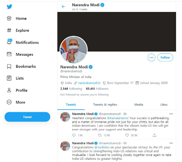 조 바이든 미국 대통령 당선인과 카멀라 해리스 부통령 당선인에게 축하 메시지를 전한 나렌드라 모디 인도 총리 트위터. /모디 총리 트위터 캡처