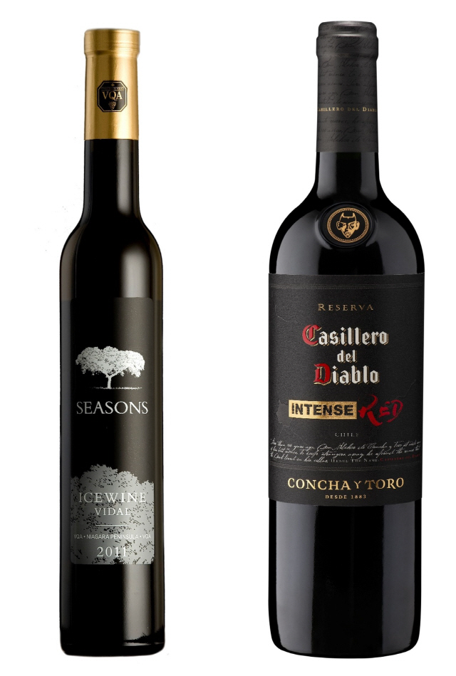 이마트24가 11월 이달의 와인으로 선보이는 ‘시즌스 비달 아이스와인(왼쪽)’과 ‘디아블로 인텐스 레드 블렌드’. /사진제공=이마트24