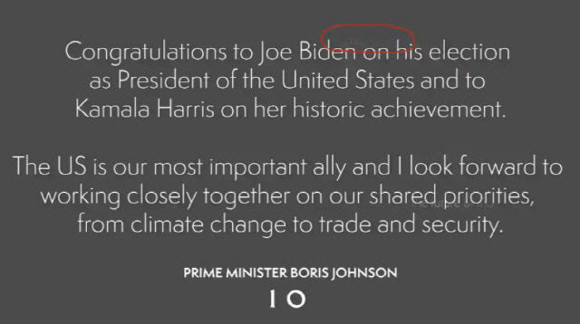 지난 8일(현지시간) 보리스 존슨 영국 총리가 조 바이든 미국 대통령 당선인을 축하하기 위해 올린 메시지의 배경에 ‘트럼프’, ‘두 번째 임기’ 등의 문구가 희미하게 쓰여있다./가디언 홈페이지 캡처