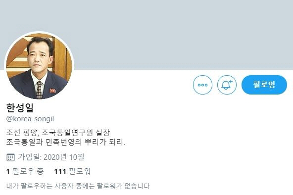 한성일 북한 조국통일연구원 실장 명의 트위터 계정. /자료제공=트위터 캡처